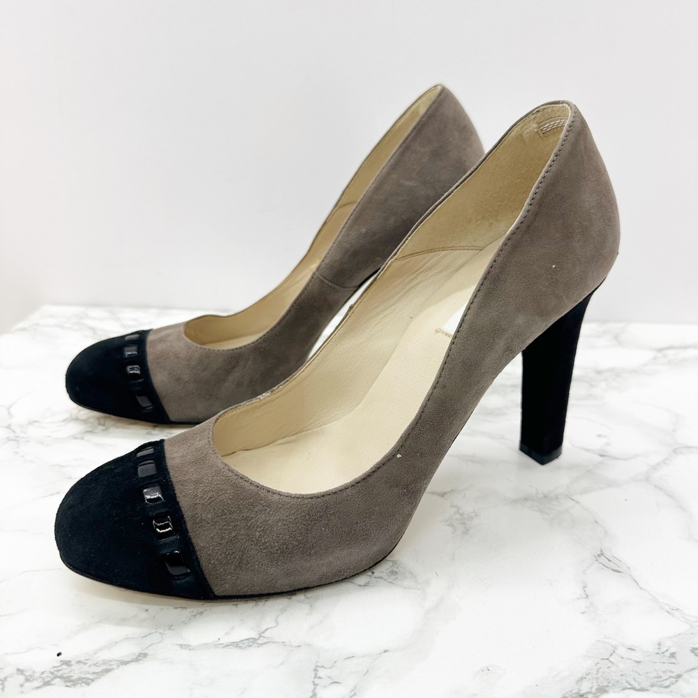 L.K. Bennett Suede Cap Toe Pumps Women EU 39/US 9 Taupe Black Heels Spain